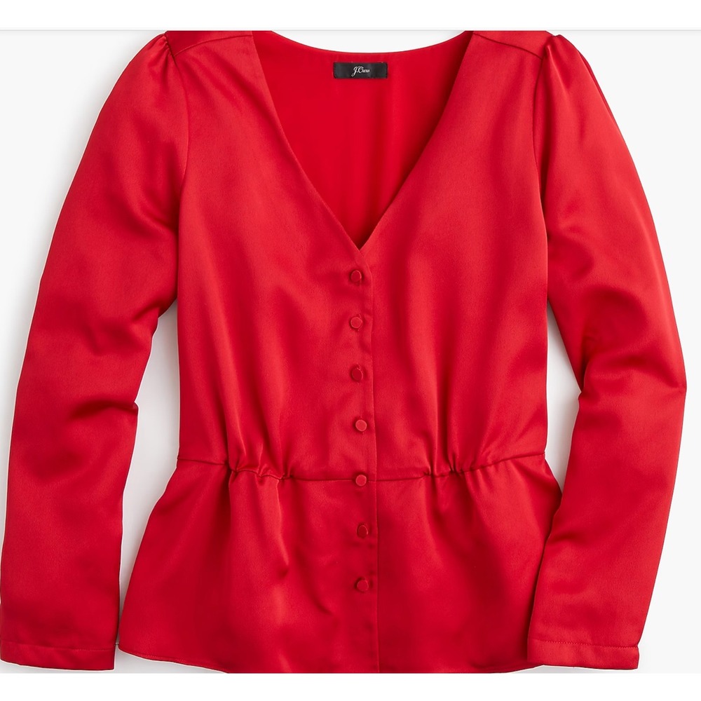 J.Crew Peplum top Satin-crepe Red V-Neck Button Front Long Sleeve Blouse Large